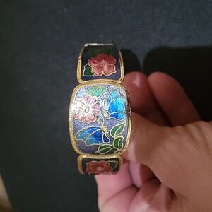 Vintage Cloissone Bracelet Bangle Butterfly Flowers Goldtone